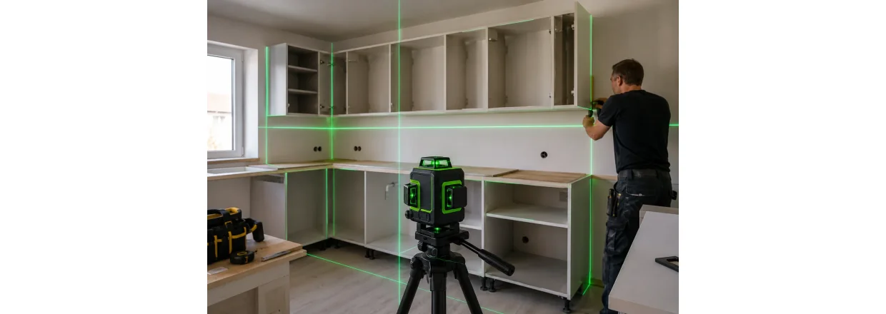 S�dan bruger du et laser vaterpas til ops�tning af k�kken