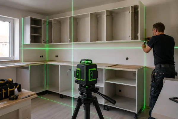 S�dan bruger du et laser vaterpas til ops�tning af k�kken