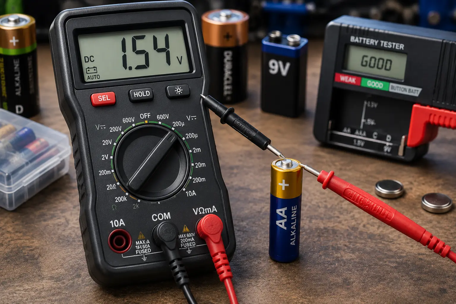 Multimeter måler spænding på batteri som stadig viser normal spænding trods nedsat kapacitet.