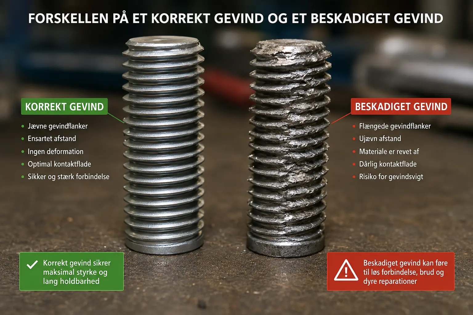 Sammenligning mellem korrekt gevind og beskadiget gevind p� metalbolt.