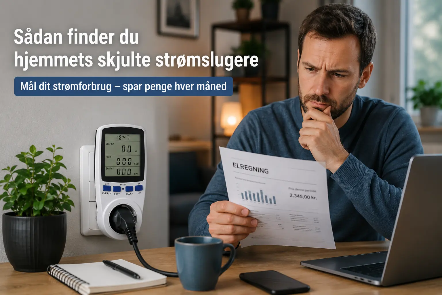 Person undersøger strømforbrug i hjemmet med energiforbrugsmåler til stikkontakt.