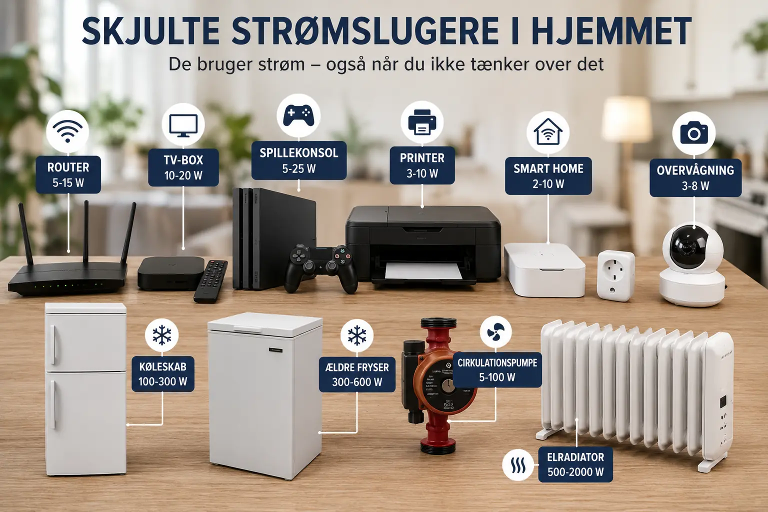 Forskellige husholdningsapparater der kan fungere som skjulte strømslugere i hjemmet.