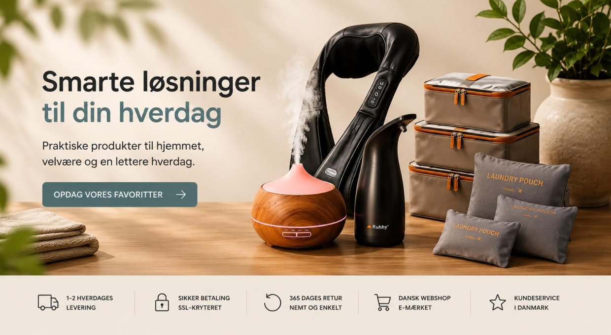 Hero-banner fra Masterdeal med smarte produkter til hjemmet og hverdagen, herunder massageapparat, aroma diffuser, automatisk s�bedispenser og rejseorganizers.