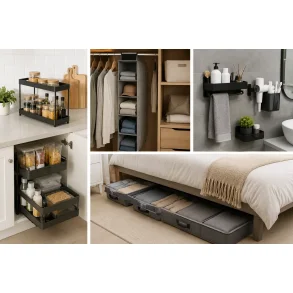 Pladsbesparende l�sninger med smart opbevaring og organisering til sm� rum, garderobe, k�kken, badev�relse og moderne hjem.
