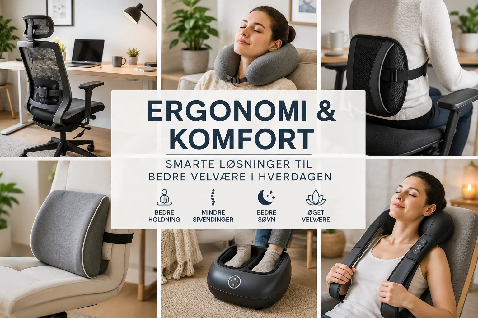 Ergonomi og komfort med ergonomiske puder, nakkemassage, rygst�tte og smarte l�sninger til bedre arbejdsstilling, afslapning og velv�re i hverdagen.