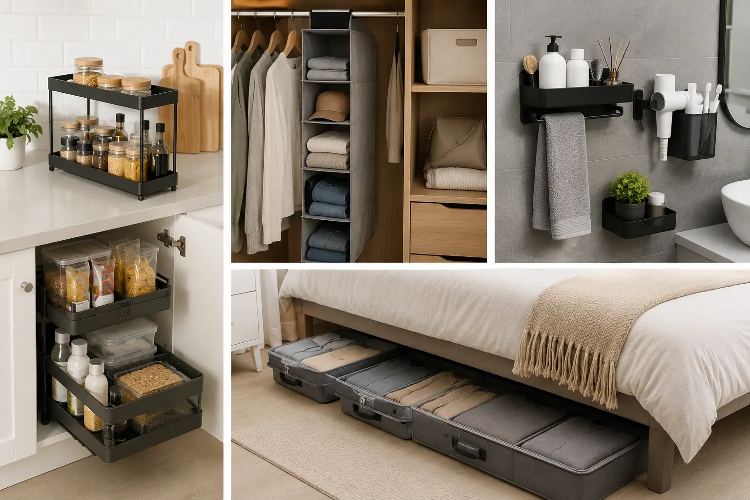 Pladsbesparende l�sninger med smart opbevaring og organisering til sm� rum, garderobe, k�kken, badev�relse og moderne hjem.