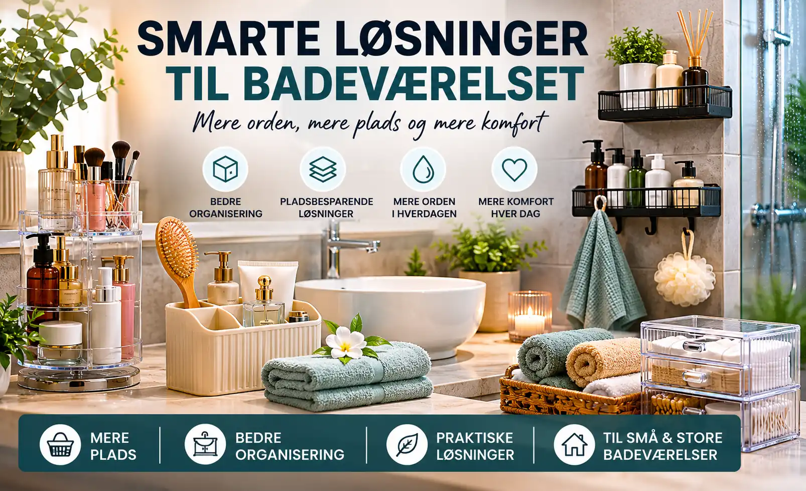 Smarte l�sninger til badev�relset med praktisk organisering, pladsbesparende opbevaring og funktionelle l�sninger til mere orden og komfort i hverdagen.