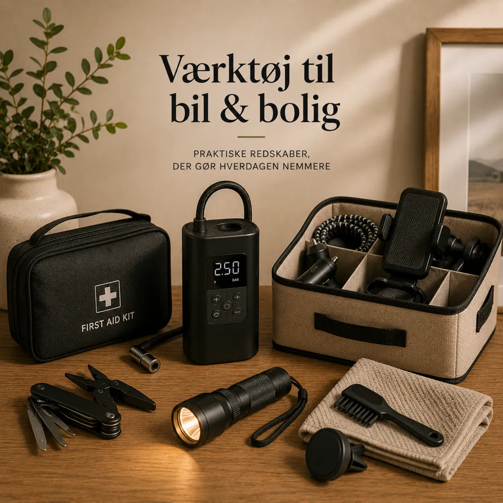 Praktisk v�rkt�j til bil og bolig med multiv�rkt�j, lommelygte og smarte hj�lpemidler til hjemmet.