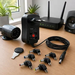 12V str�mforsyning med udskiftelige stik og lang ledning i brug ved elektroniske enheder