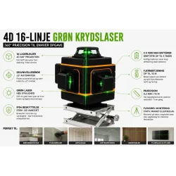 Feature infografik af 4D krydslaser med 16 laserlinjer, gr�n laser og selvnivellerende funktion
