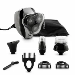 5-i-1 barbermaskine p� hvid baggrund med tilbeh�r &ndash; multifunktionel trimmer til sk�g, n�se og ansigt