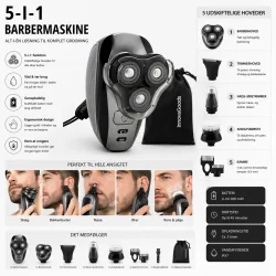 5-i-1 barbermaskine infografik &ndash; funktioner, tilbeh�r og komplet grooming l�sning