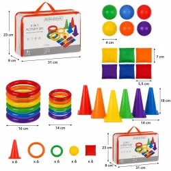 �rteposespil dimensionsgrafik med m�l p� kegler, ringe, bolde og �rteposer i komplet aktivitetss�t til b�rn