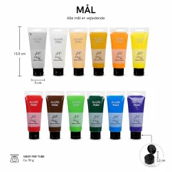 Akrylmaling s�t 12x100 ml med m�l og produktinformation