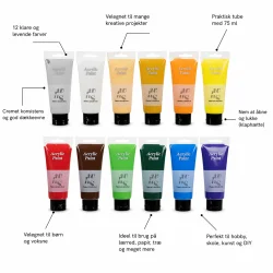 Akrylmaling s�t 12x100 ml med fremh�vede egenskaber og farver