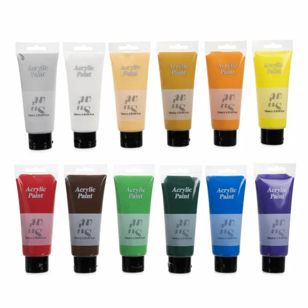 Akrylmaling s�t 12x100 ml vist p� hvid baggrund med alle farver