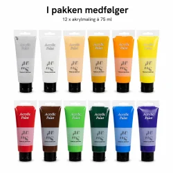 Akrylmaling s�t 12x100 ml med indhold og alle medf�lgende dele