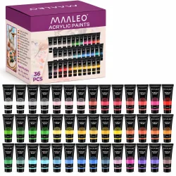 Akrylmaling s�t med �ske og 36 forskellige farver i 20 ml tuber p� hvid baggrund.