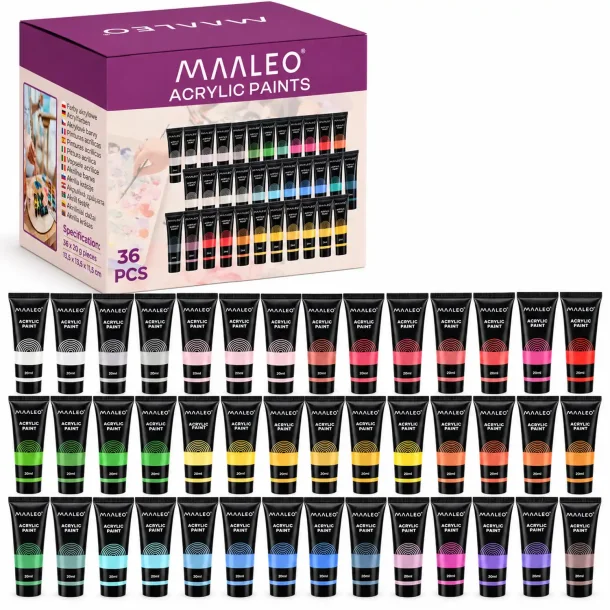 Akrylmaling s�t med �ske og 36 forskellige farver i 20 ml tuber p� hvid baggrund.