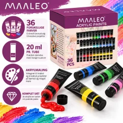 Infografik over akrylmaling s�ttet med 36 farver, 20 ml pr. tube og anvendelse til maleri.