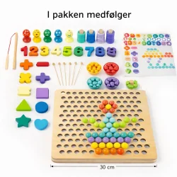 Alt: Aktivitetsbr�t i tr� med tal, former og perler indhold i pakken