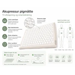 Akupressur pigm�tte infografik der viser smertelindring, trykpunkter og anvendelse til ryg og nakke