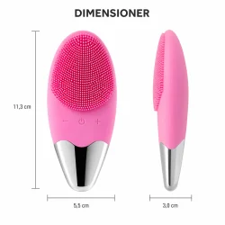 Ansigtsb�rste i silikone med sonisk rens med m�l og dimensioner vist grafisk