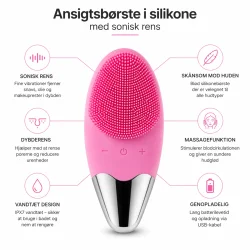 Ansigtsb�rste i silikone med sonisk rens infografik med funktioner og egenskaber