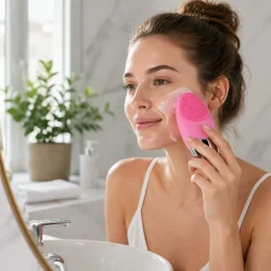 Ansigtsb�rste i silikone med sonisk rens bruges til daglig ansigtsrens i badev�relse