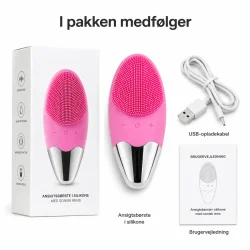 Ansigtsb�rste i silikone med sonisk rens med tilbeh�r og indhold i pakken