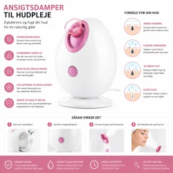 ansigtsdamper til ansigtsrens infografik viser damp og hudpleje effekt