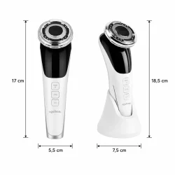 Dimensionsgrafik af EMS ansigtsmassageapparat med m�l og st�rrelser p� hvid baggrund