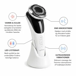 Infografik af EMS ansigtsmassageapparat med LED lys, varmefunktion og ultrasoniske vibrationer