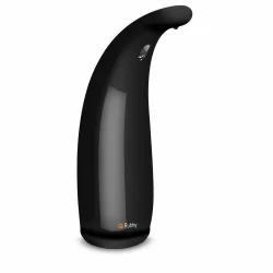 Sort automatisk s�bedispenser med ber�ringsfri sensor og buet design p� hvid baggrund
