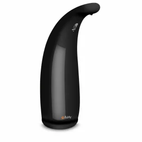 Sort automatisk s�bedispenser med ber�ringsfri sensor og buet design p� hvid baggrund