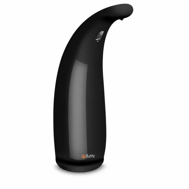 Sort automatisk s�bedispenser med ber�ringsfri sensor og buet design p� hvid baggrund