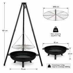 B�lgrill med 167 cm trebenet stativ, 58 cm grillrist og separat b�lsk�l