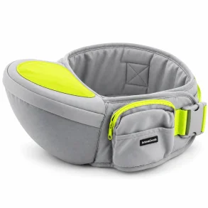 Gr�t baby-hoftes�de med limegr�n siddeflade, frontlomme og justerbart sp�nde.