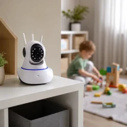 Babyalarm med kamera placeret i moderne b�rnev�relse med overv�gning af barn under leg i dagslys