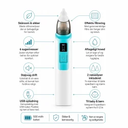 Infografik af n�seaspirator til b�rn og baby med 6 sugeniveauer og USB opladning