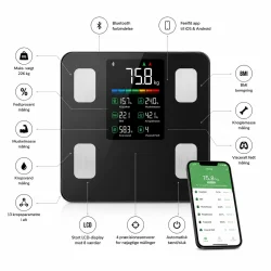 Badev�gt med kropsanalyse infografik med BMI, fedtprocent, Bluetooth og 13 kropsparametre