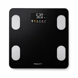 Badev�gt med kropsanalyse med stort LCD display og Feelfit app vist p� smartphone