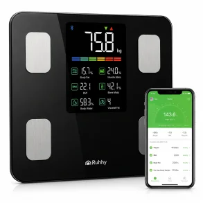 Badev�gt med kropsanalyse i sort glas med Bluetooth, BMI display og Feelfit app p� hvid baggrund