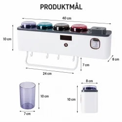 Produktm�l p� tandb�rsteholder med tandpastadispenser og UV-sterilisering med m�l for holder, krus, dybde, bredde og h�jde