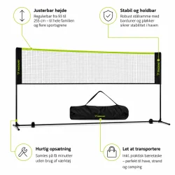 Badminton net feature infografik med justerbar h�jde og hurtig ops�tning