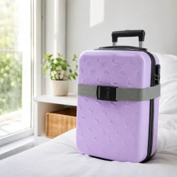 Bagagestrop med kodel�s monteret p� lilla kuffert klar til rejse