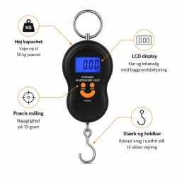 Digital bagagev�gt 50 kg med LCD display, pr�cis m�ling og rustfri st�lkrog. Infografik med funktioner til rejser, bagage og kuffertvejning.