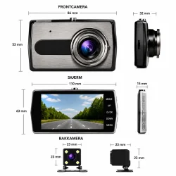 Bakkamera til bil dimensionsgrafik med m�l p� dashcam, LCD sk�rm og bagkamera p� hvid baggrund