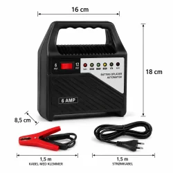 Batterioplader 12V 6A dimensionsgrafik med m�l, kabell�ngde og tekniske detaljer p� hvid baggrund