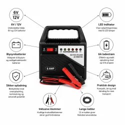 Batterioplader 12V 6A feature infografik med LED indikator, 6V 12V funktion og sikker opladning